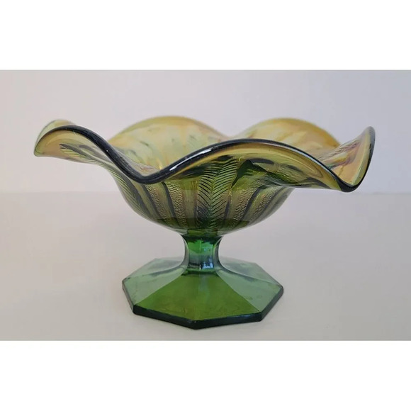 Vintage Millersburg Peacock Green Carnival Glass 6" Ruffled Edge Candy‎ Dish - Picture 2 of 7